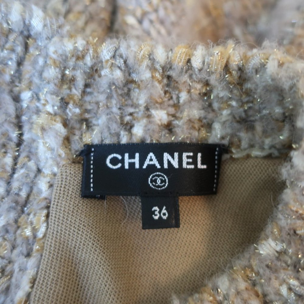 CHANEL F/W 2018 STRIPED KNIT TUNIC DRESS BEIGE/GOLD SIZE 36 KIMONO SLEEVE MINI - Picture 7 of 10